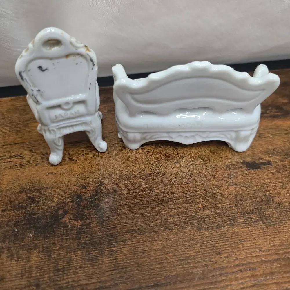 Vintage Porcelain Miniature Sofa Couch and Side Chair, Made In Japan